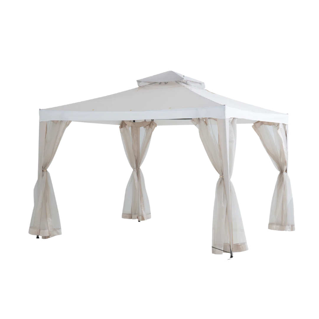 Sunjoy, Gazebo à toit souple, Gazebo moderne à cadre en acier à 2 niveaux avec filet en maille pour patio extérieur et arrière-cour