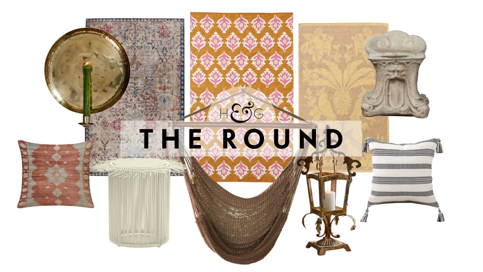 Boho outdoor decor, including patterned throw pillows, a raffia side table, brass candle sconce, outdoor rugs, woven hammock chair, lantern, and cast cement stool, pictured against a white background