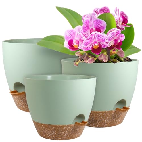 Wsmksz Grands pots à arrosage automatique 12/10/9 pouces, jardinière, pots de plantes avec trous de drainage en maille pour plantes de jardin intérieures et extérieures, pots de fleurs en plastique avec réservoir profond amovible, vert avec marron