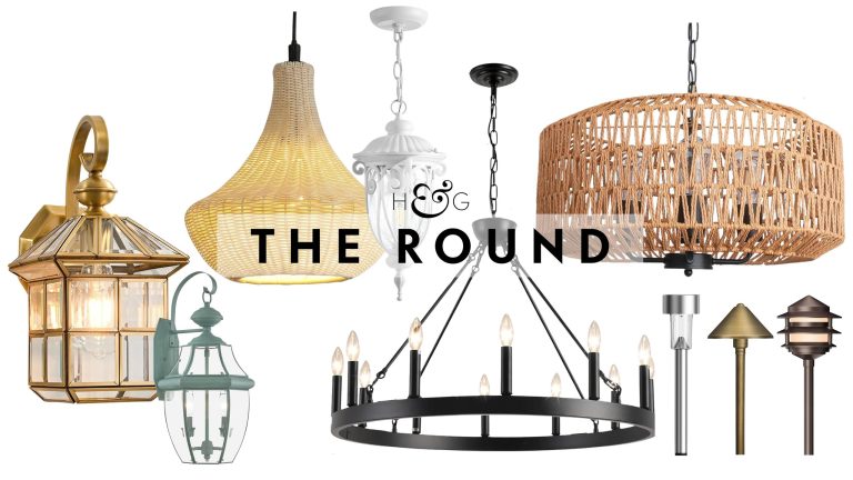 Best Amazon outdoor lighting, spanning antique-style wall lights, woven plastic rattan pendants, and solar brass pathway lights, pictured against a white background