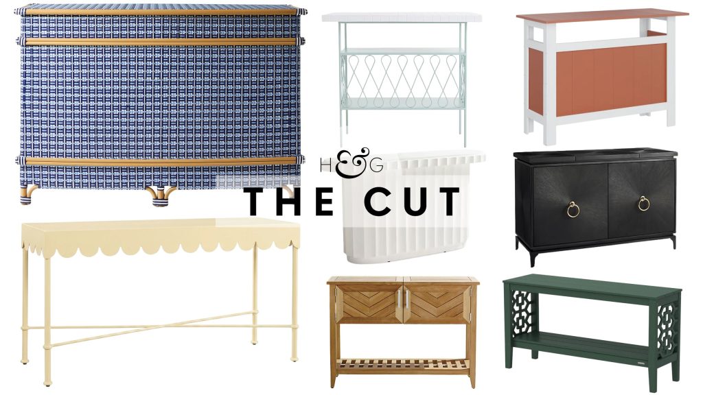 Chic outdoor bars, including French-inspired, whimsical, herringbone, teakwood, and Martha Steward-designed styles, pictured against a white background