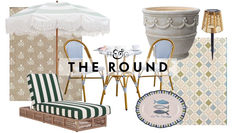 Quoi de neuf chez Walmart cet été ? 24 pièces approuvées par l’éditeur à acheter maintenant pour vous accompagner par temps chaud Summer 2026 Walmart outdoor decor, including two patterned patio rugs, a striped chaise lounge, French-style bistro set, fringed patio umbrella, melamine platter, planter, and wicker solar light