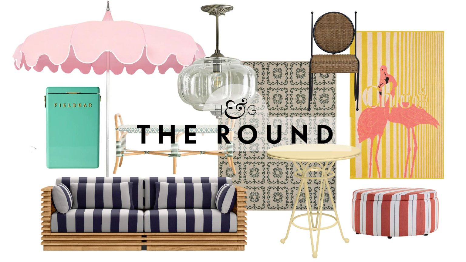 Ring, Ring: Riviera Calling – Achetez 24 trouvailles en plein air qui semblent tout droit sorties de Saint-Tropez South-of-France-inspired outdoor decor, including a patio umbrella, Kelly green Fieldbar cooler, striped teak wood sofa, Eloise outdoor pendant light, patterned rug, yellow bistro table, and more